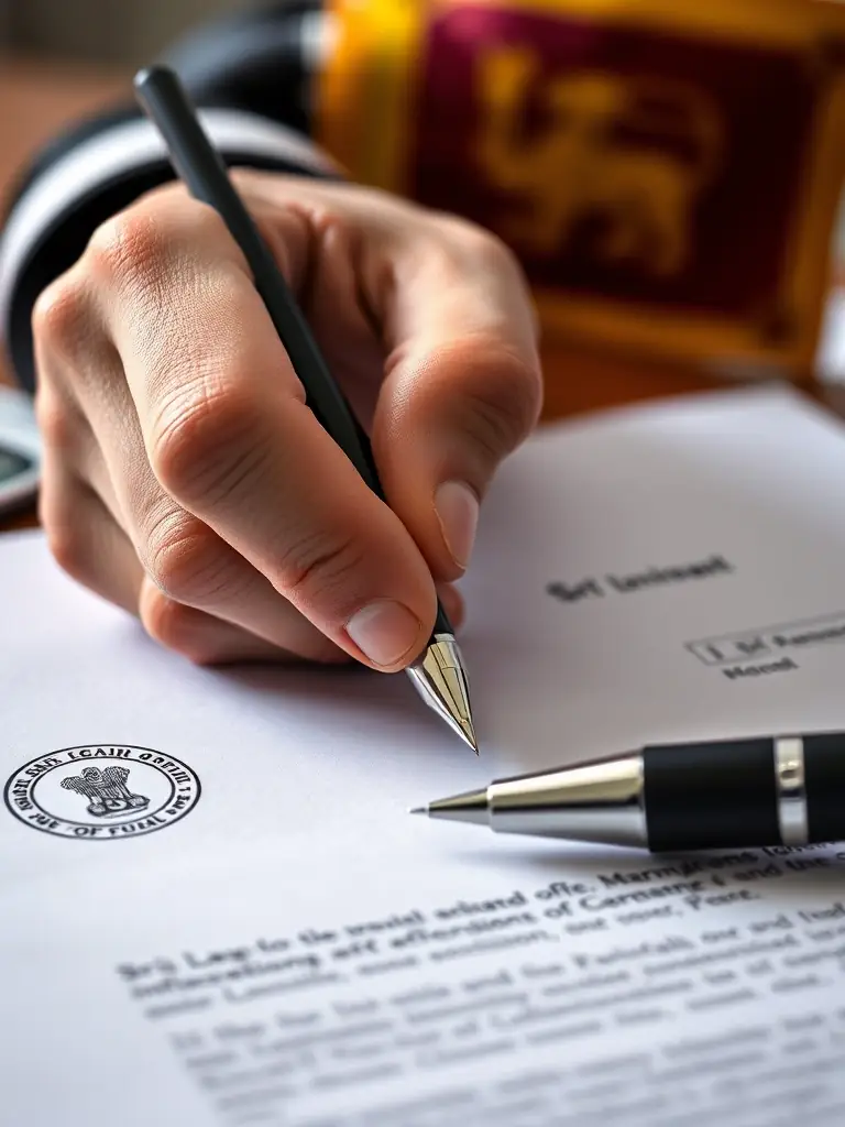 An image of a legal document being reviewed by a professional with a pen and a Sri Lankan flag in the background, symbolizing Ceylon Properties' legal assistance for foreign investors.