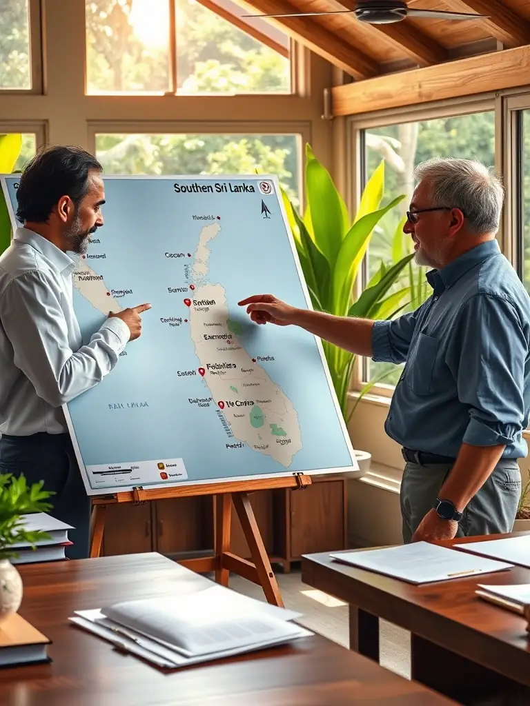 A serene image of a Ceylon Properties agent discussing land options with a foreign investor, showcasing a map of southern Sri Lanka highlighting potential investment zones.