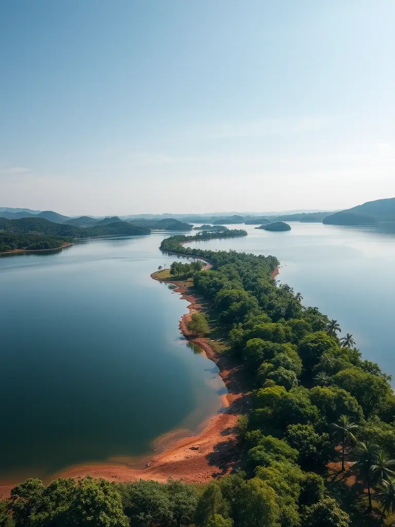 An aerial shot of a plot near Koggala Lake, Sri Lanka, highlighting its suitability for a lakeside resort or a private estate with water access.