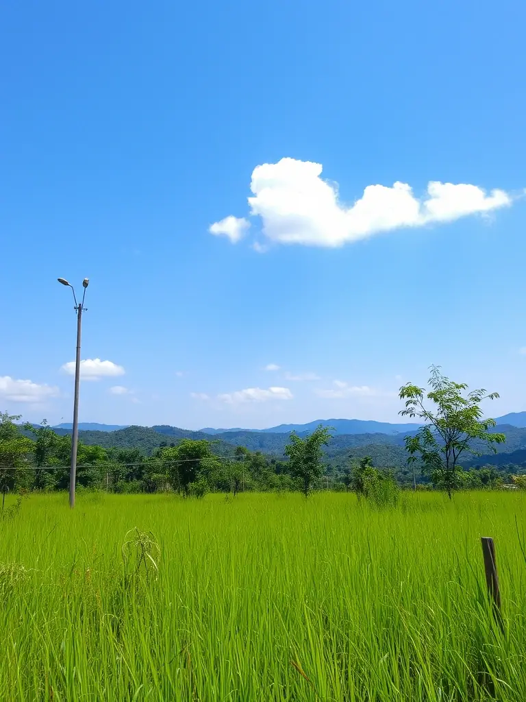 A high-quality photograph showcasing a lush green land plot in Ahangama, Sri Lanka, with a clear blue sky in the background. The image should convey a sense of tranquility and investment potential.