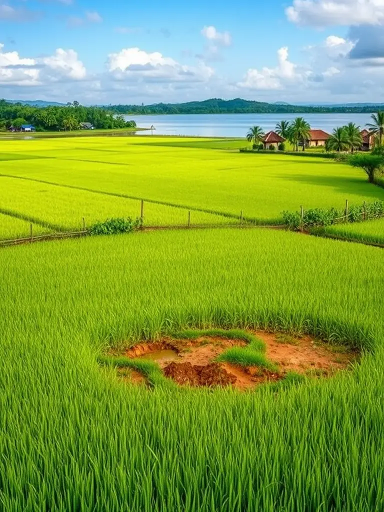 A photograph of a land plot overlooking rice paddies near Koggala Lake in Sri Lanka. The image should capture the serene beauty of the landscape and the potential for eco-tourism development.