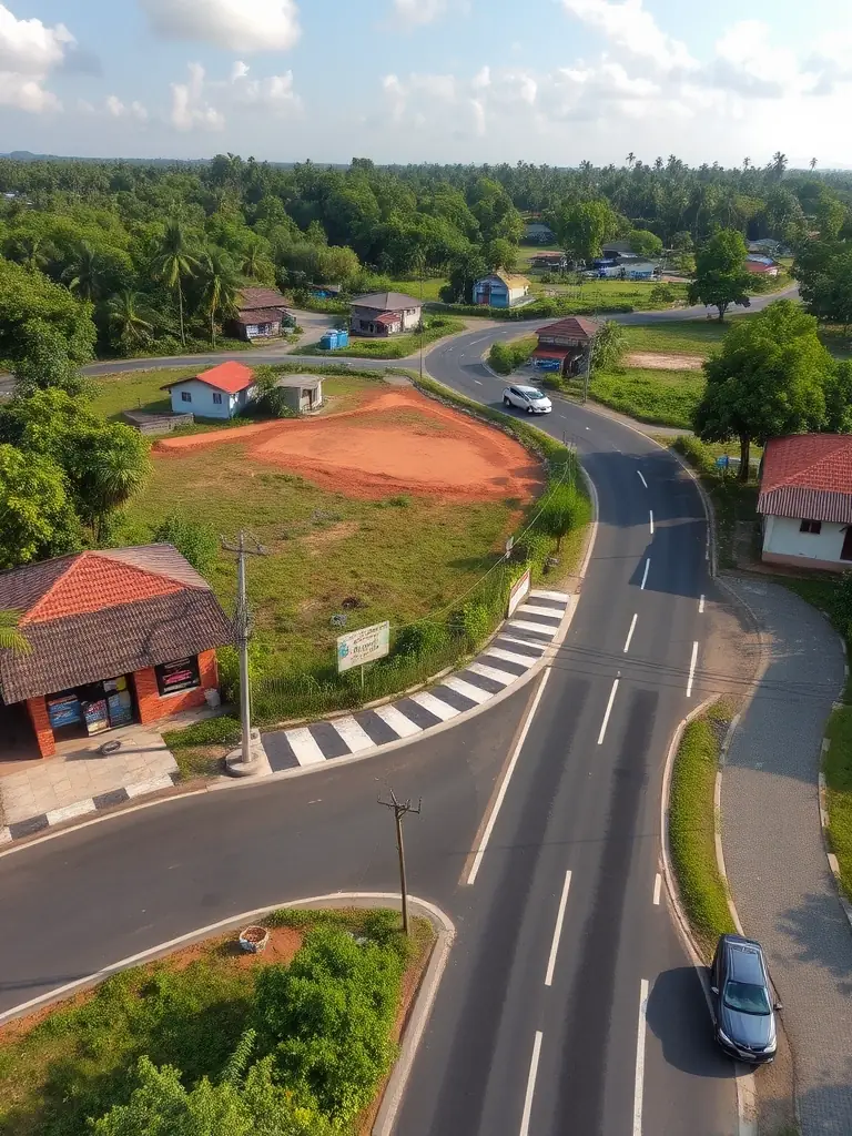 A photograph of a land plot in Habaraduwa, Sri Lanka, showing its proximity to local amenities and infrastructure. The image should highlight the convenience and accessibility of the location.