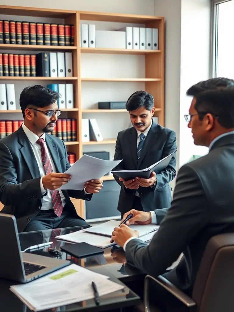 A professional setting with Ceylon Properties lawyers assisting a foreign investor with legal paperwork related to land purchase in Sri Lanka.