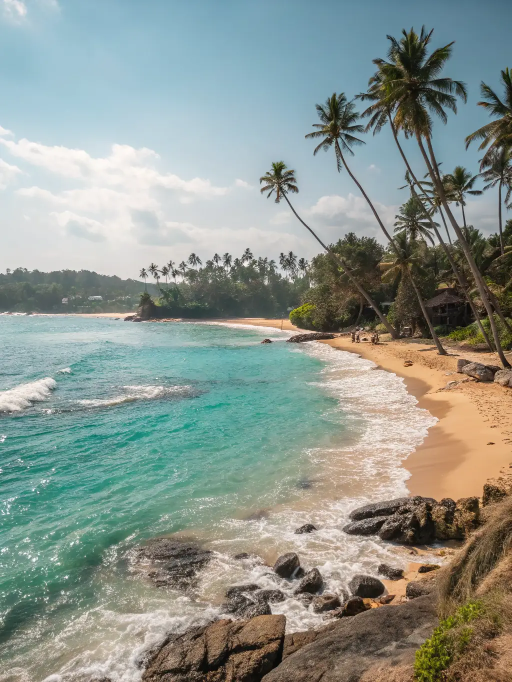 A vibrant image of a plot in Midigama, Sri Lanka, known for its surfing beaches, ideal for a surf camp or a beachfront guesthouse.